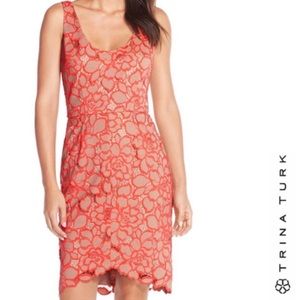 Trina Turk neon red and nude lace dress